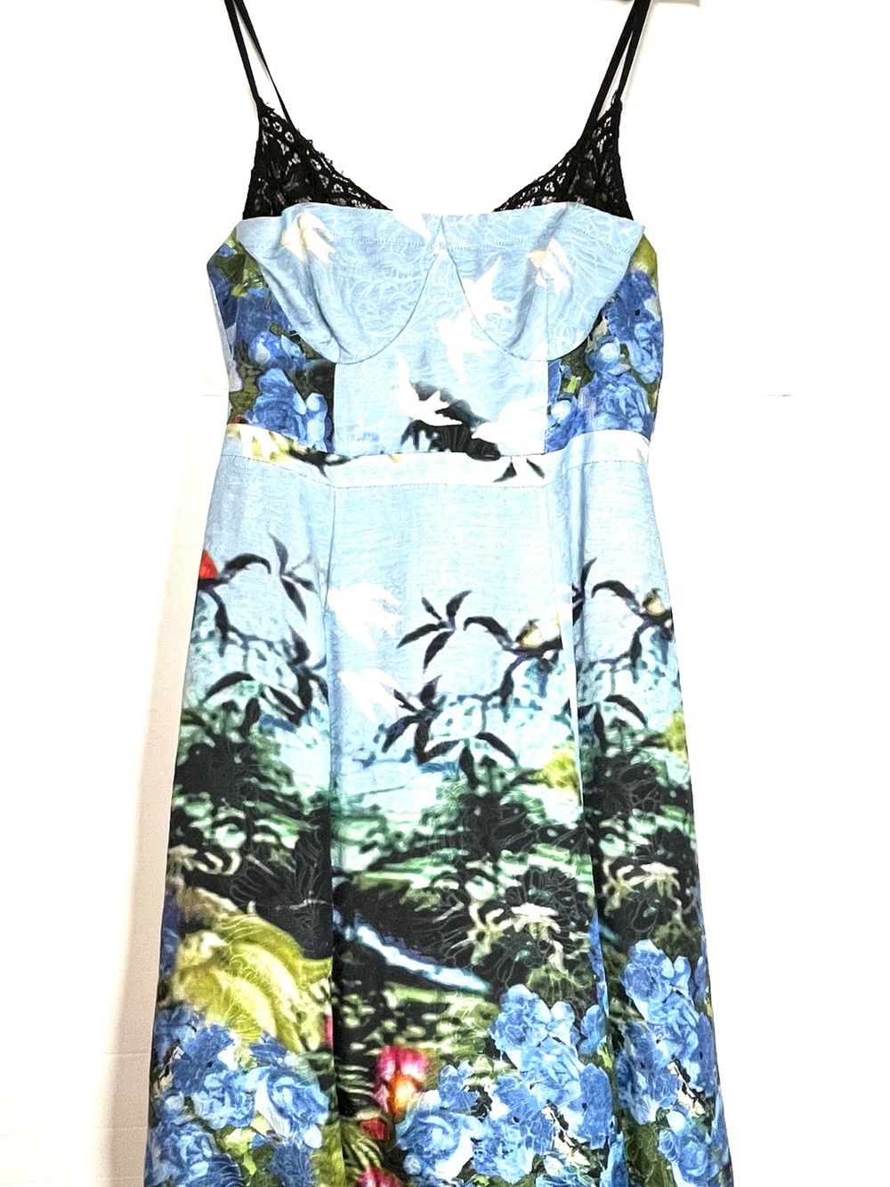 Anthropology Tracy Reese Blue Floral Strapless Dress with Black Lace Straps